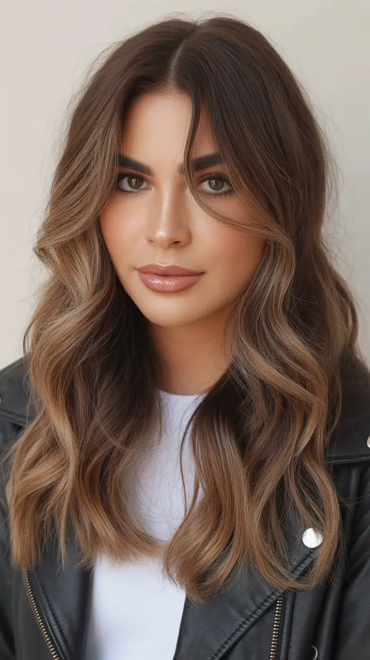 balayage hair color for winter 2025 2026 Honey-Toned Caramel Flow
