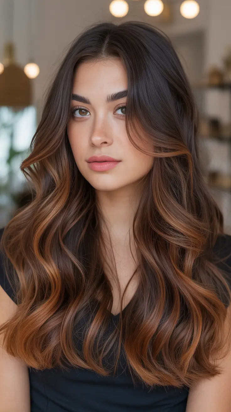 balayage hair color for winter 2025 2026 Amber Espresso Glow