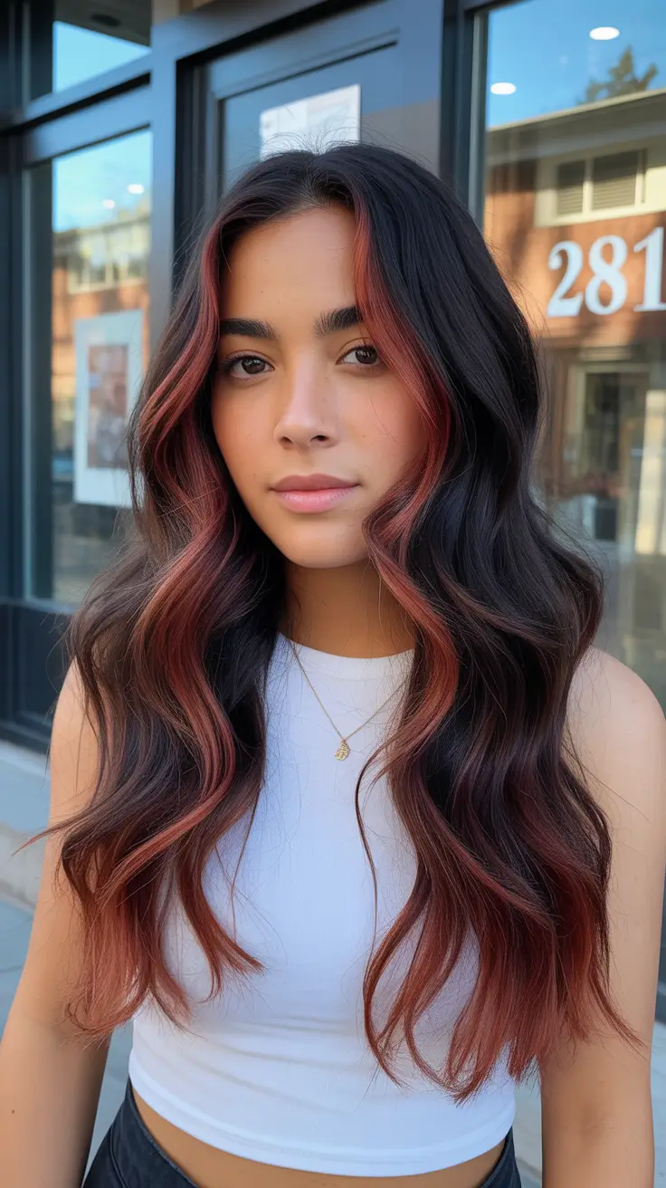 balayage hair color for winter 2025 2026 Copper Blush Highlights