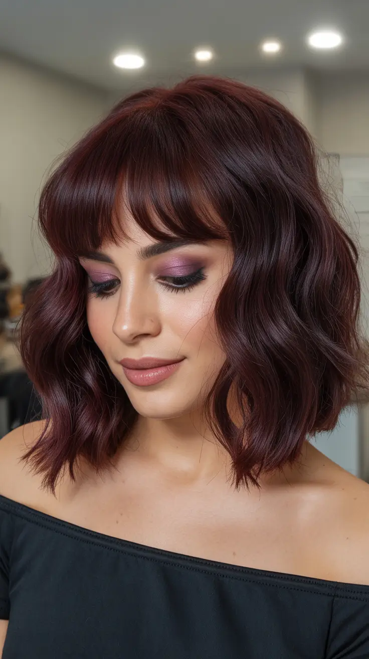 Bob Hairstyles Ideas Winter 2025–2026 Cherry Mocha Bob with Curtain Bangs