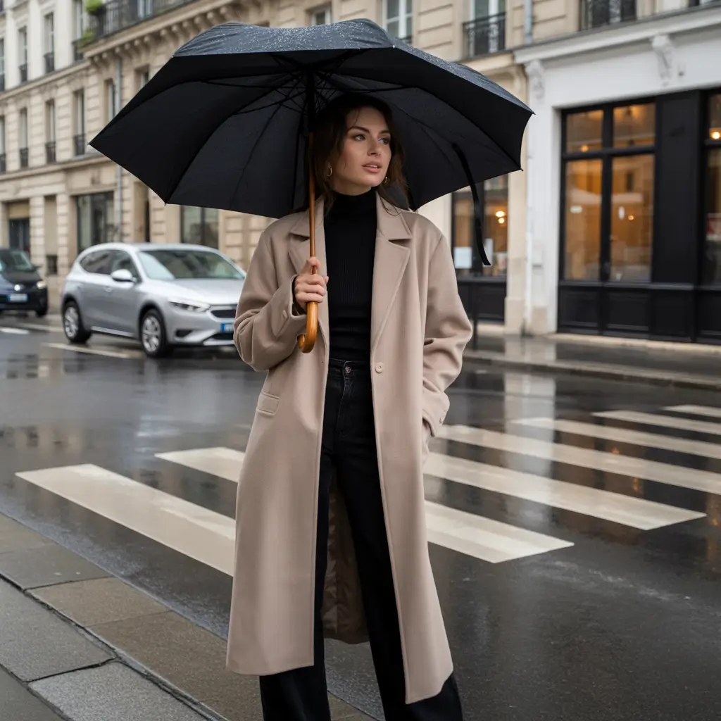 Chic Early Winter Outfit Ideas 2025 2026 Neutral Poise on a Rainy Day