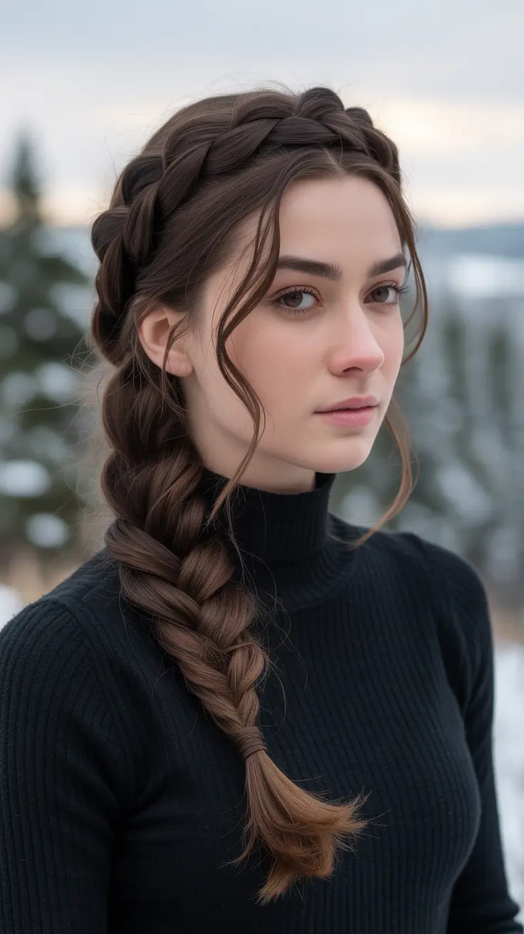 Cute Hairstyles for Winter 2025 2026 Chunky Side Braid with Frosted Elegance