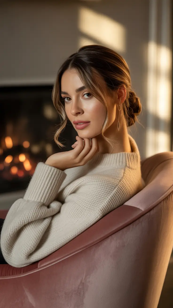 Cute Hairstyles for Winter 2025 2026 Low Romantic Bun by the Fireplace