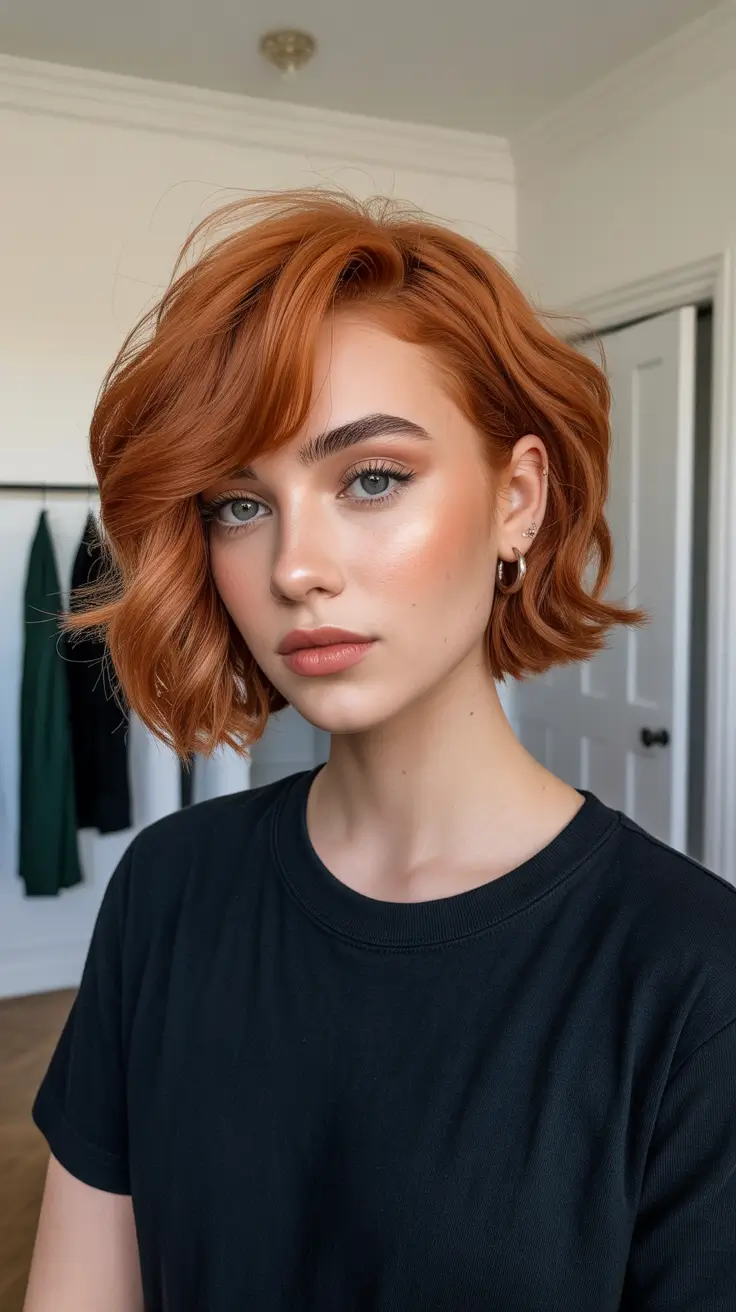 Cute Winter Haircuts 2025-2026 Inspiration Playful Short Bob with a Copper Glow