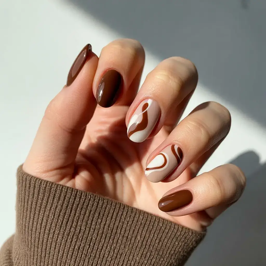 Fall Nail Design and Color for November 2025 Cappuccino Swirl Art