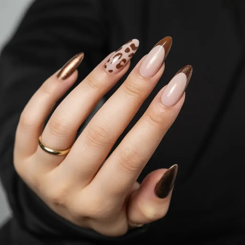 Fall Nail Design and Color for November 2025 Bronzed Leopard Glam