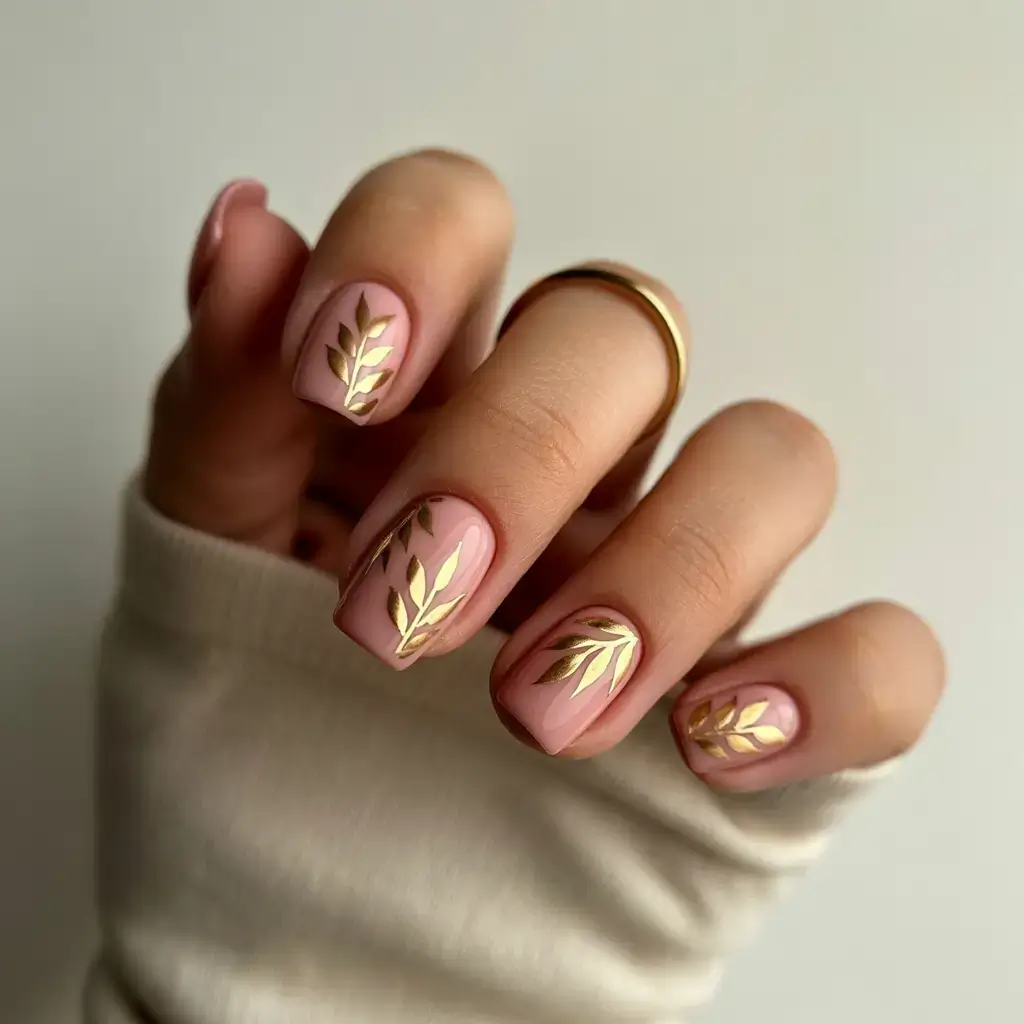 Fall Nail Design and Color for November 2025 Blush and Gilded Leaf