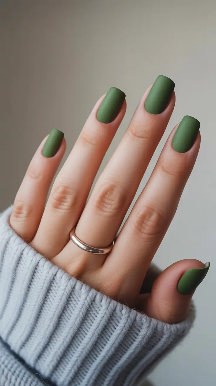 Fall & Winter Nail Colors Trends 2025-2026 Matte Olive Calm
