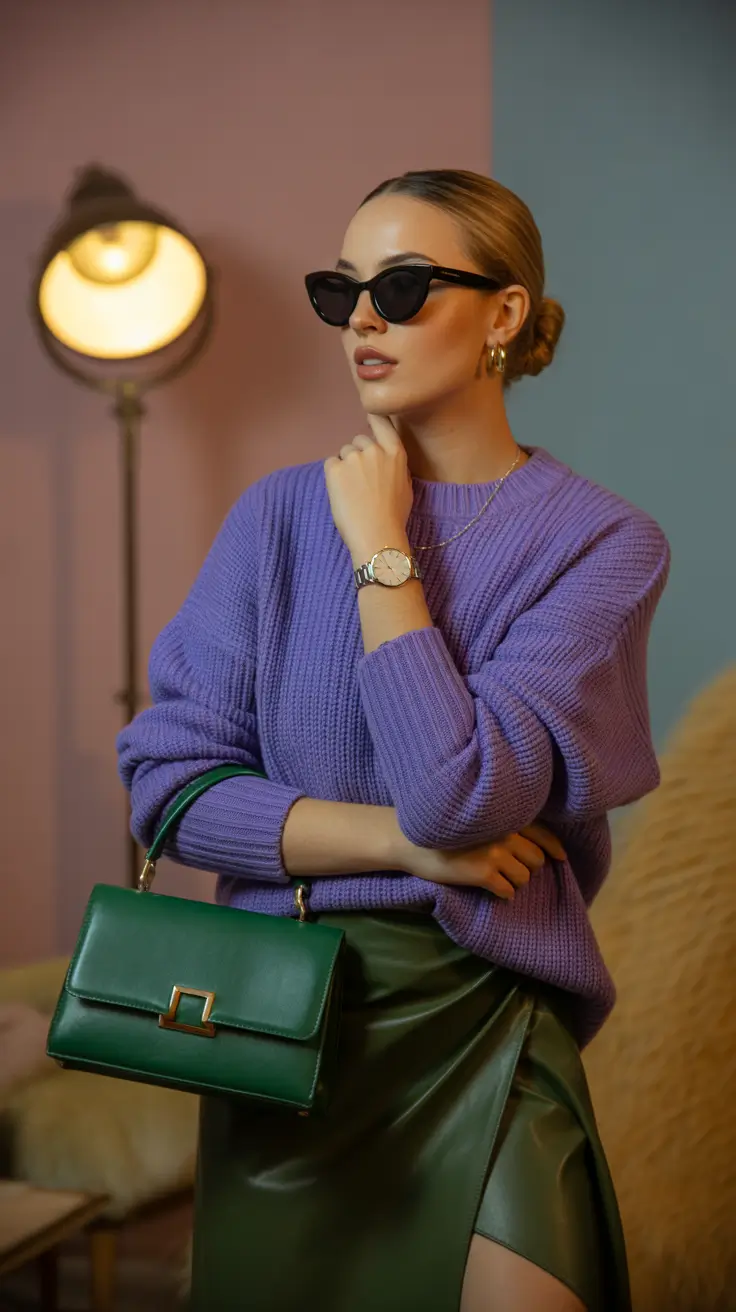 fashion-outfits-for-women-2026 Color Play Lavender and Forest Green Harmony