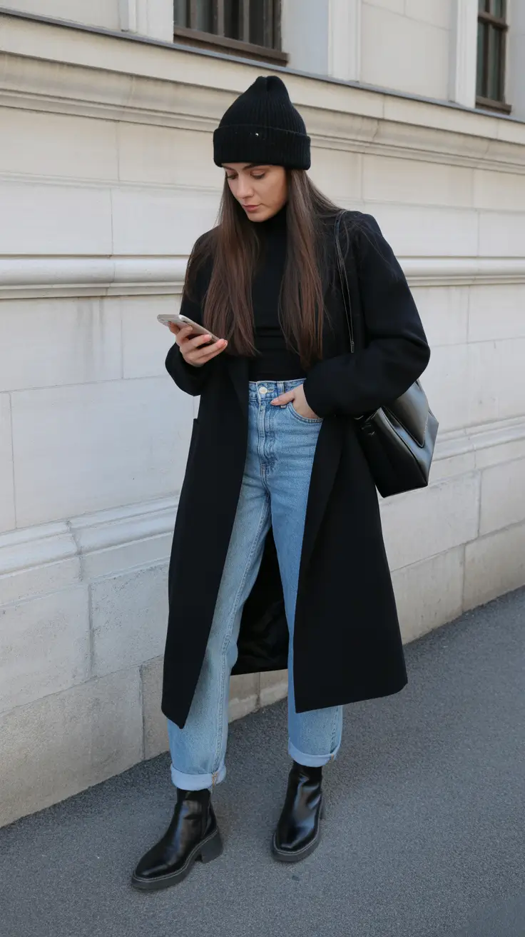 fashion-outfits-for-women-2026 Urban Cool Black Layers and Denim Ease