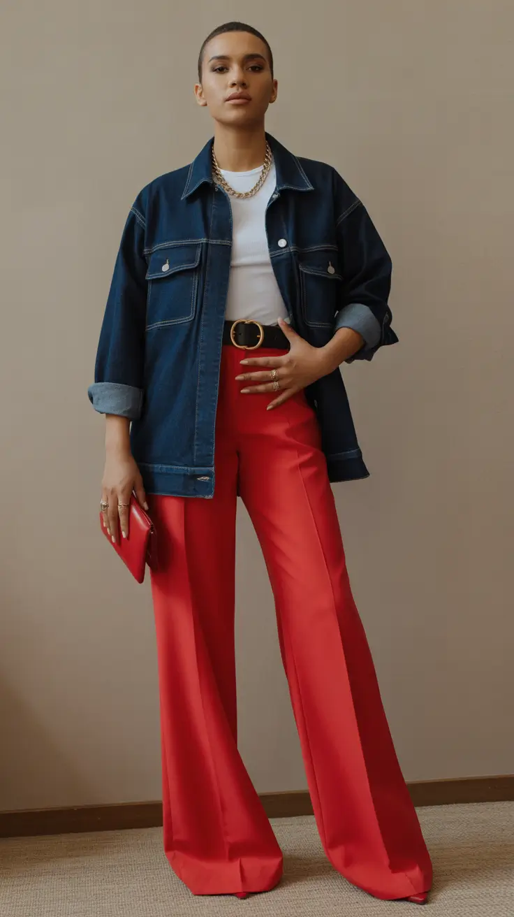 fashion-outfits-for-women-2026 Red Impact Modern Power Meets Denim Ease