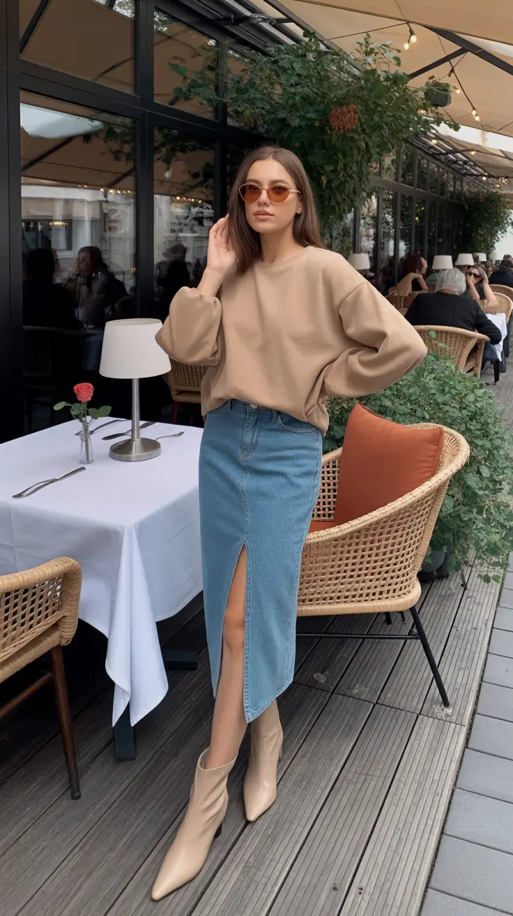 fashion-outfits-for-women-2026 Urban Ease The Denim Skirt Revival