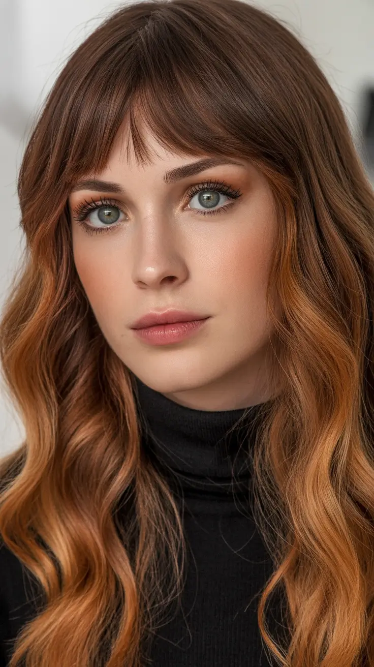 Hair Color Ideas Auburn for Winter 2025-2026 Bronzed Balayage with Soft Fringe