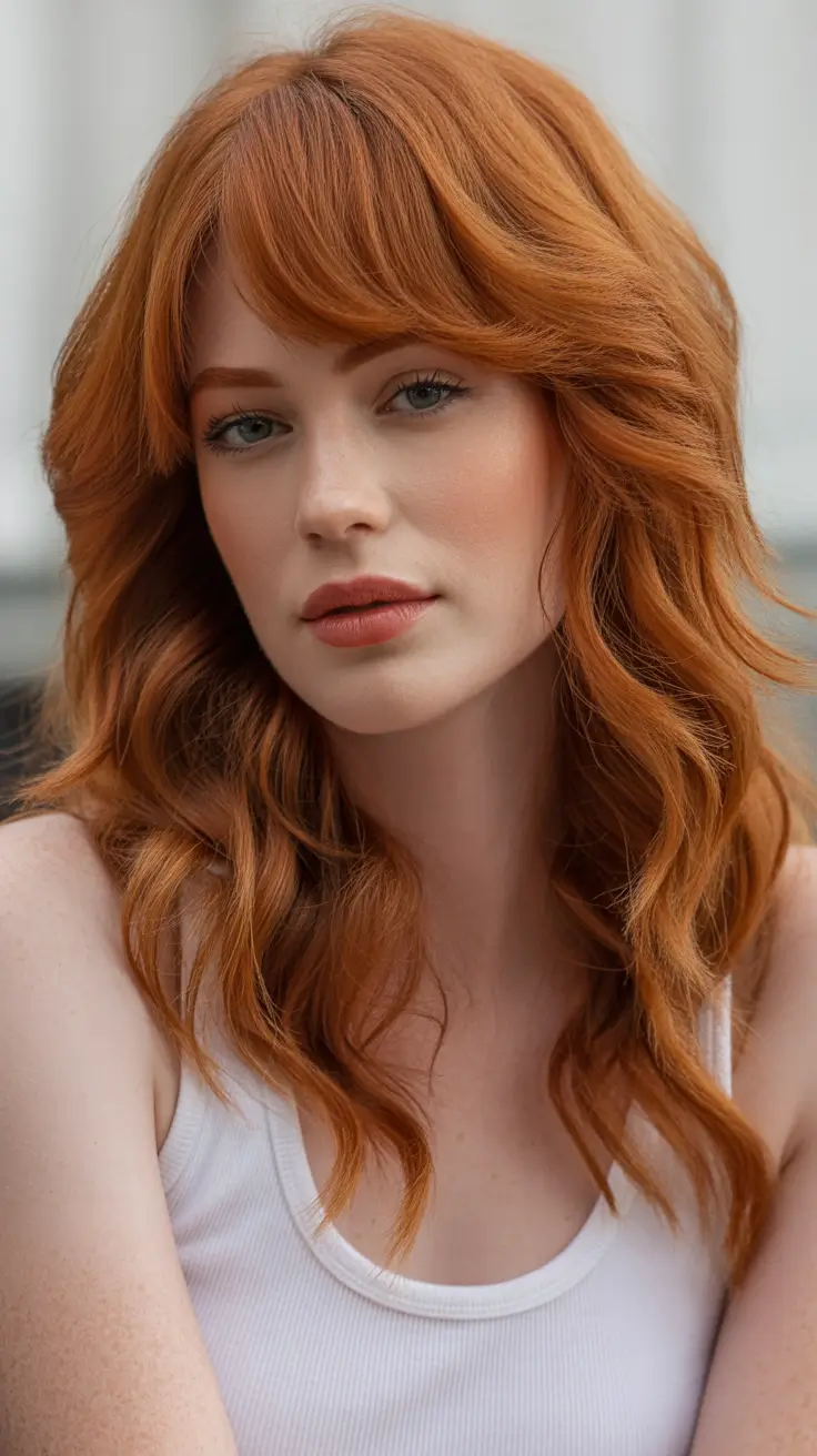 Hair Color Ideas Auburn for Winter 2025-2026 Soft Ginger Auburn with Fringe