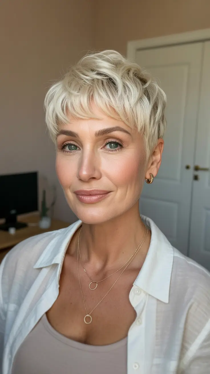 Hair Color & Winter Hairstyles for Women Over 40 2025-2026 Platinum Pixie Crop