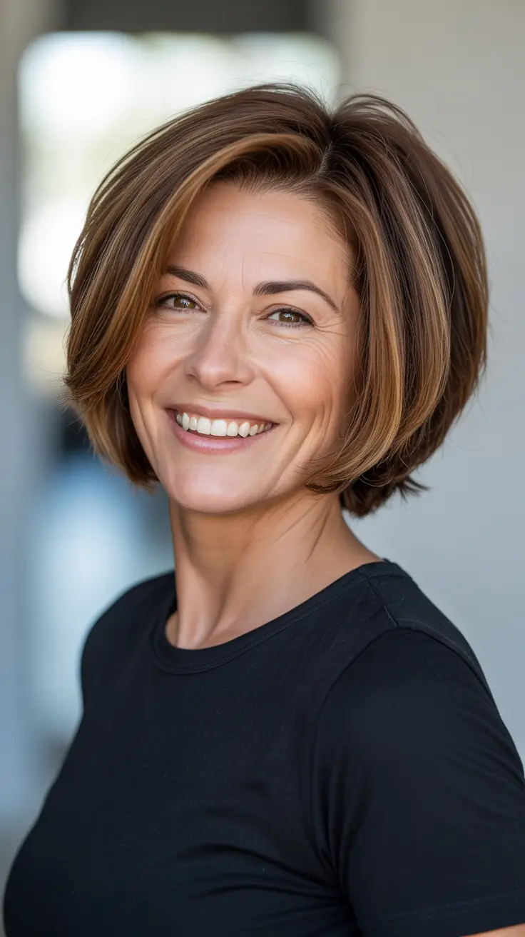 Hair Color & Winter Hairstyles for Women Over 40 2025-2026 Rounded Brunette Bob with Layers