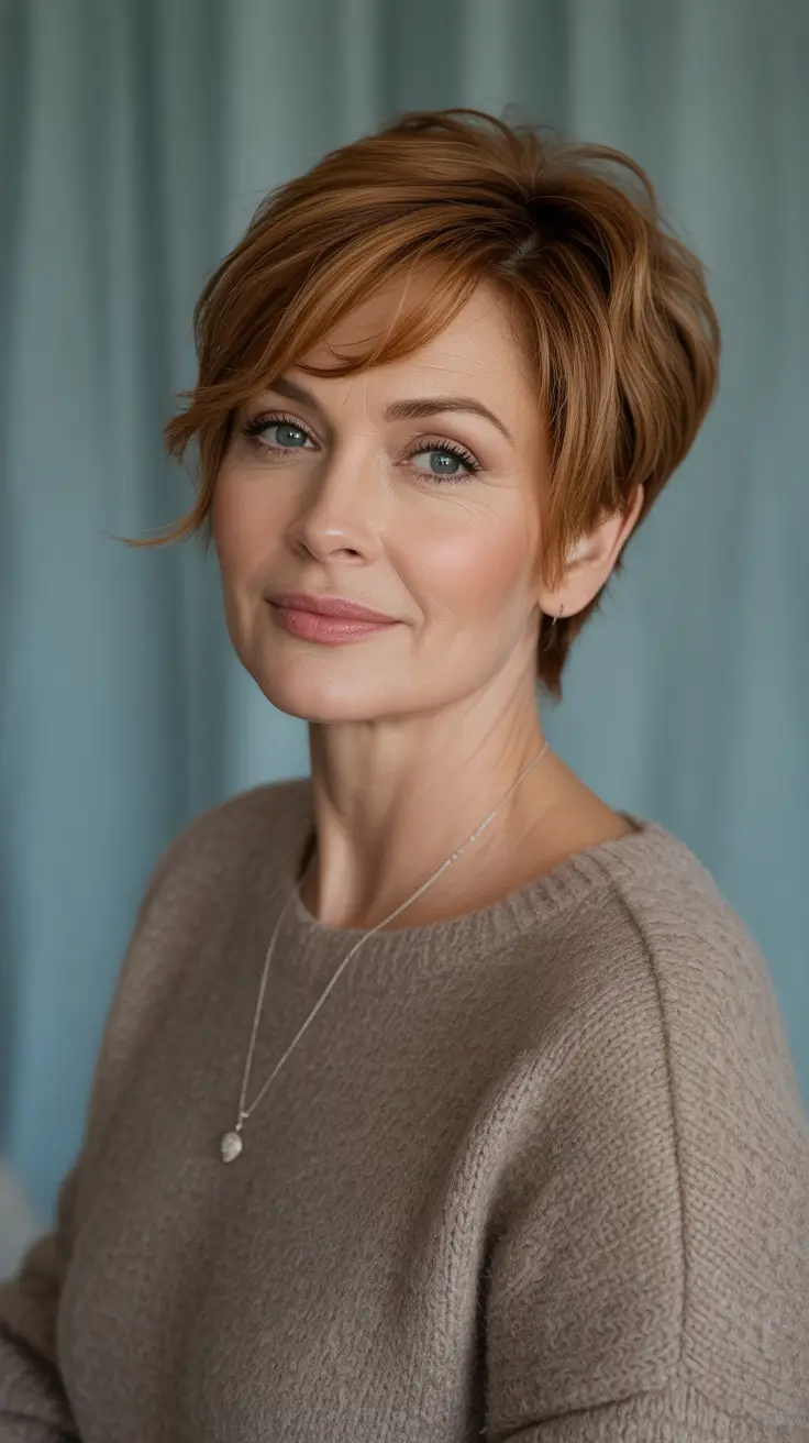 Hair Color & Winter Hairstyles for Women Over 40 2025-2026 Soft Copper Pixie