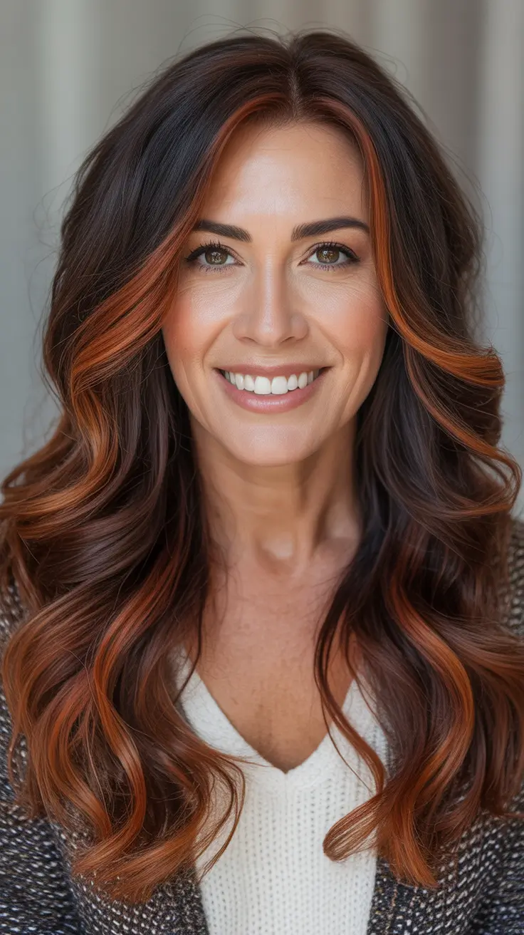 Hair Color & Winter Hairstyles for Women Over 40 2025-2026 Chestnut Waves with Copper Ribbons