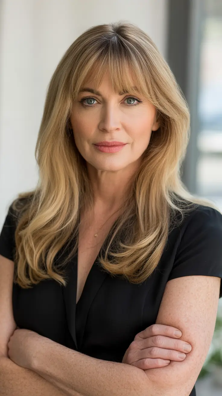 Hair Color & Winter Hairstyles for Women Over 40 2025-2026 Golden Honey Layers with Wispy Bangs