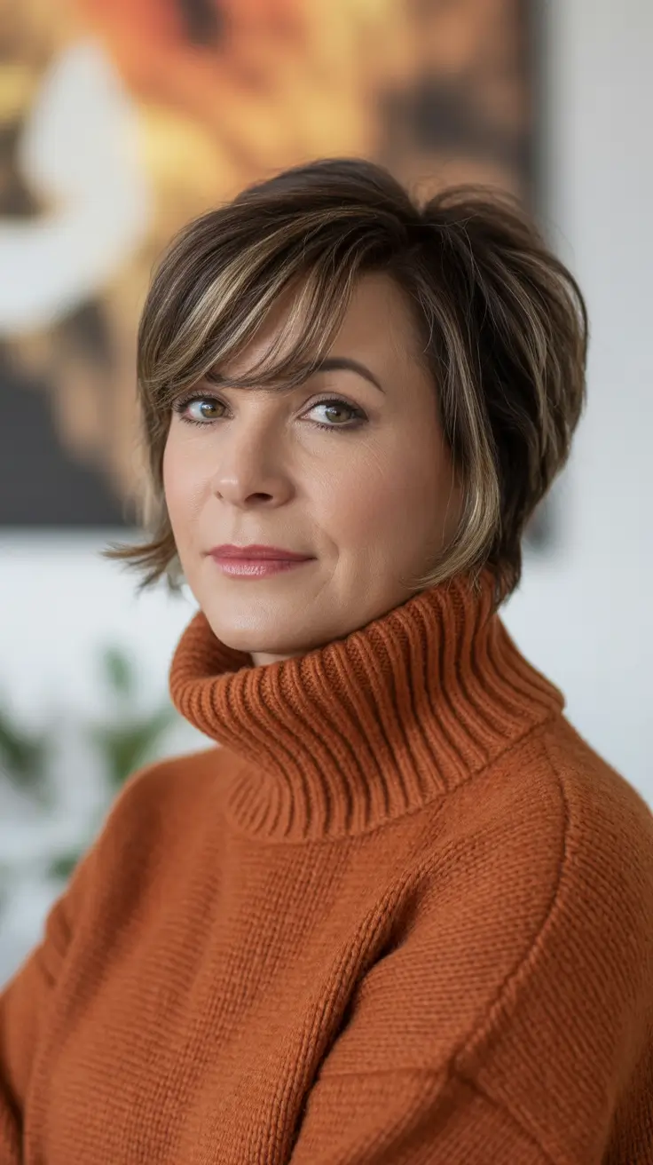 Hair Color & Winter Hairstyles for Women Over 40 2025-2026 Short Textured Crop with Caramel Highlights