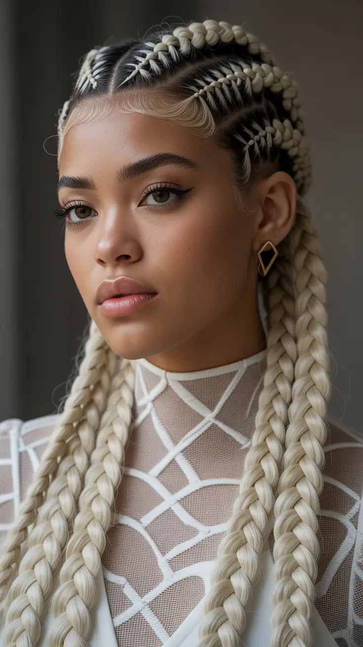 Hairstyles for Black Women Winter 2025-2026 Platinum Braids with Sculpted Precision