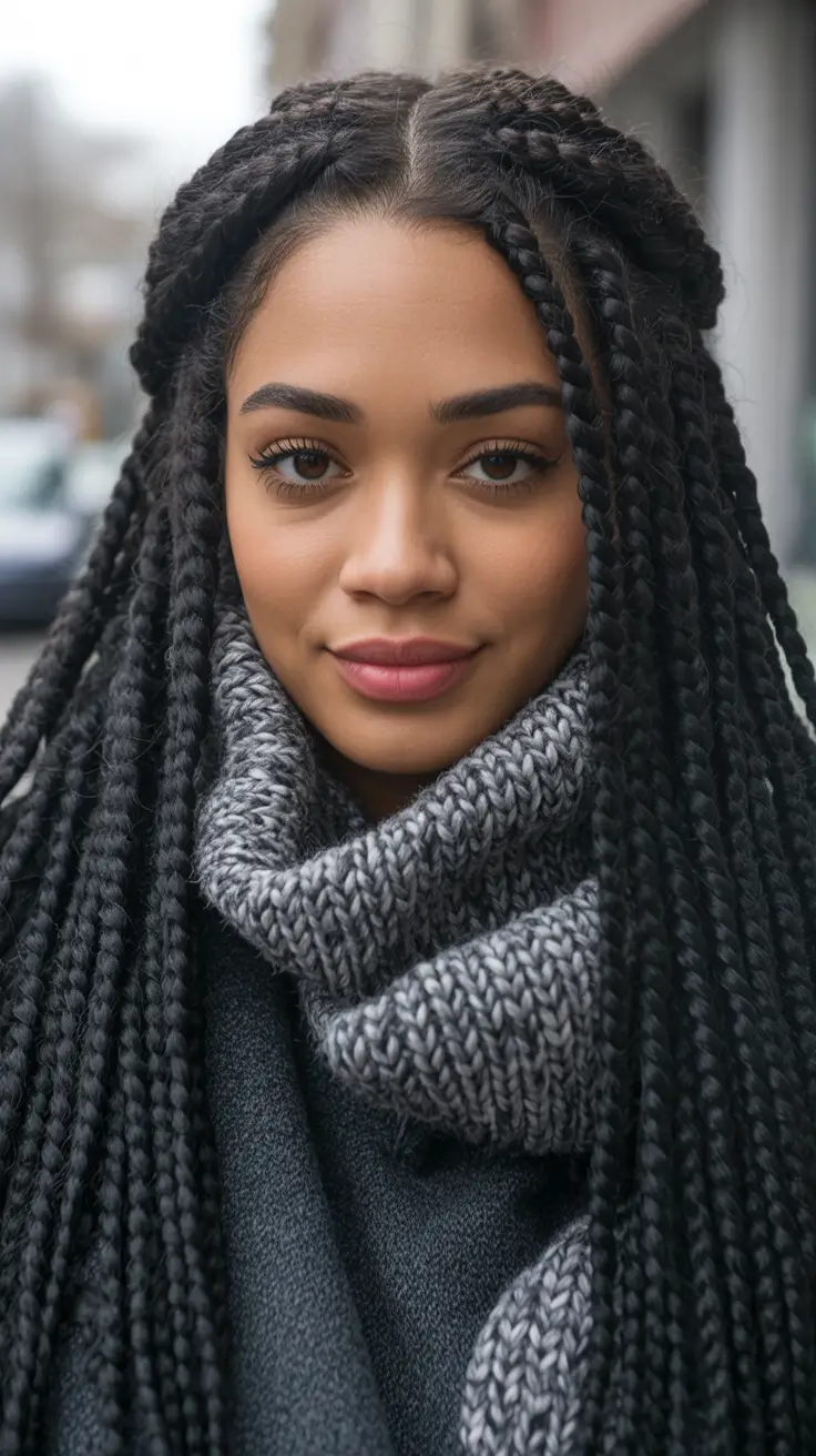 Hairstyles for Black Women Winter 2025-2026 Half-Up Box Braids with Cozy Volume