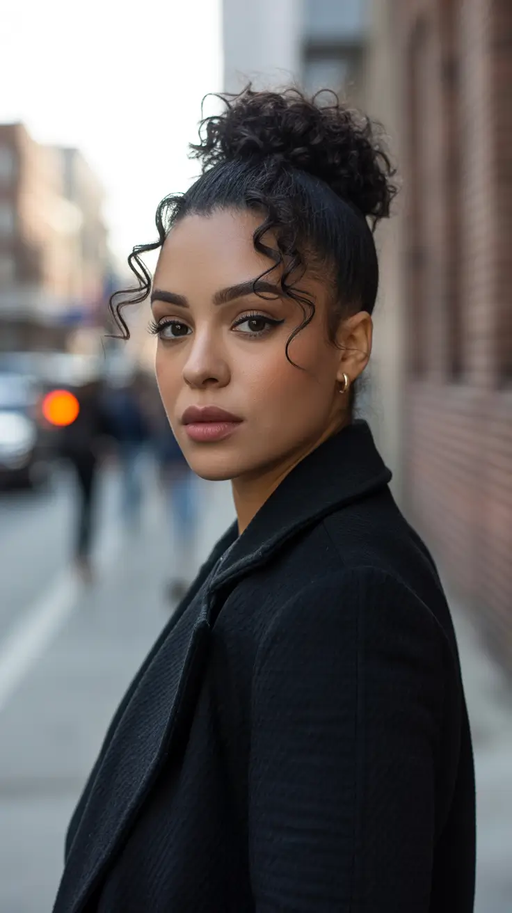 Hairstyles for Black Women Winter 2025-2026 Curly High Bun with Romantic Tendrils