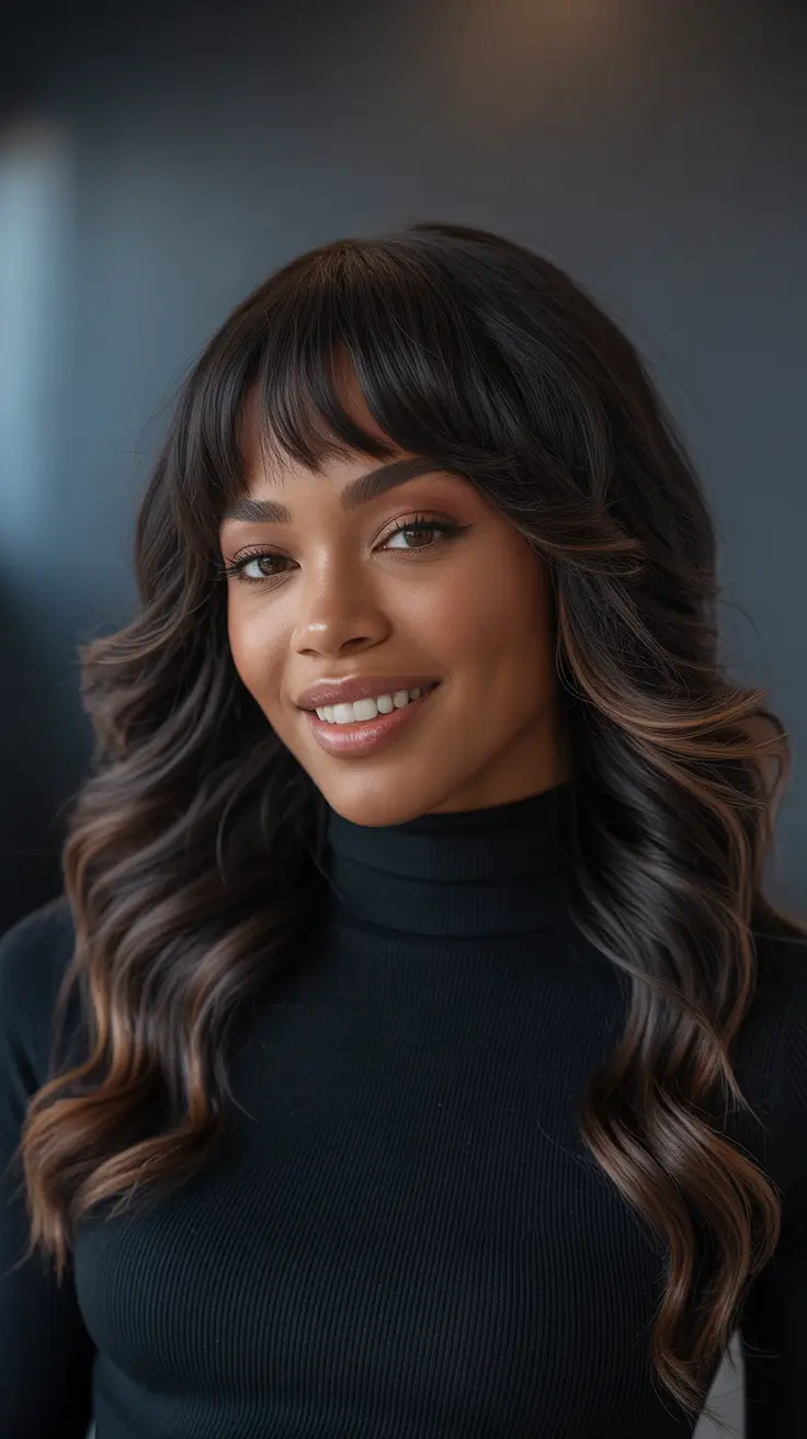 Hairstyles for Black Women Winter 2025-2026 Layered Curls with Soft Bangs