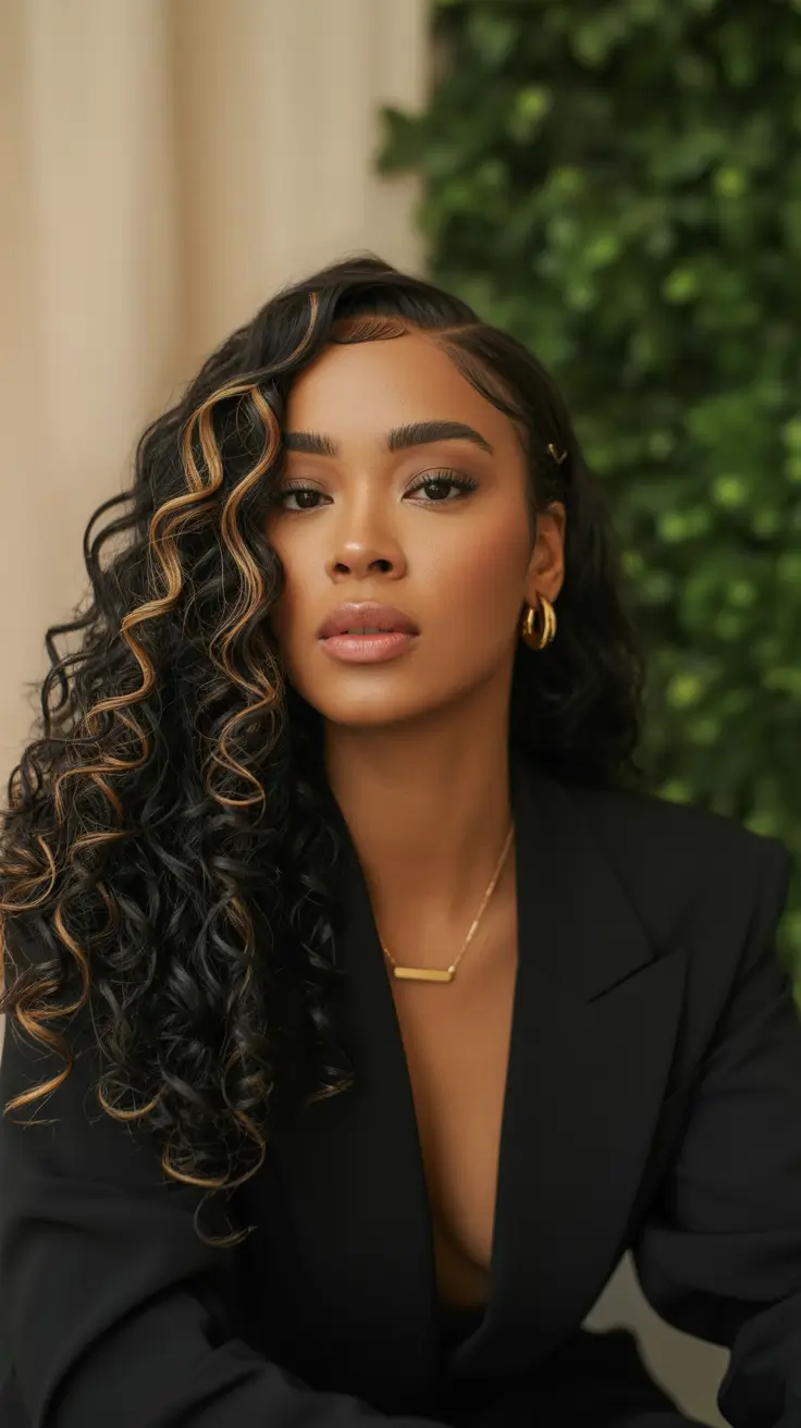 Hairstyles for Black Women Winter 2025-2026 Side-Parted Curls with Golden Accents