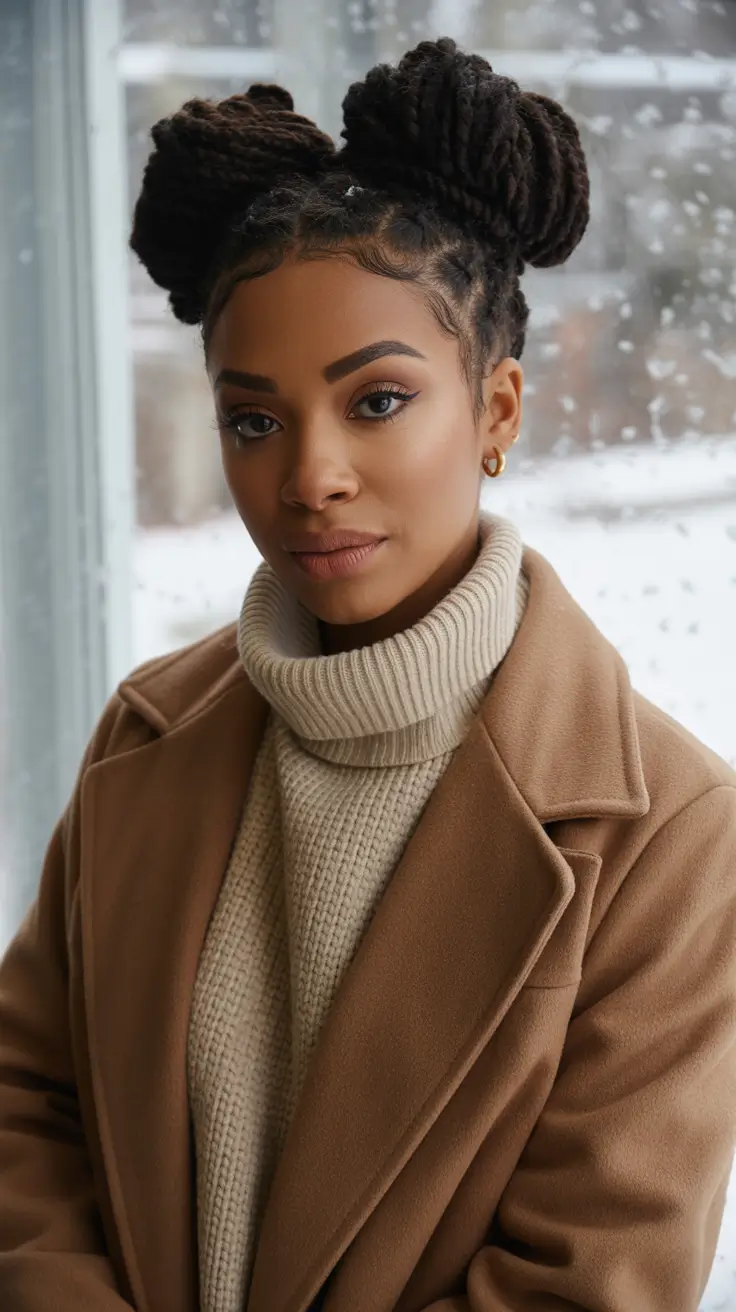 Hairstyles for Black Women Winter 2025-2026 Elegant Double Buns with Locs