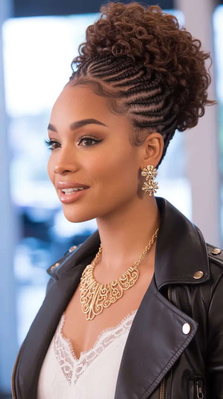 Hairstyles for Black Women Winter 2025-2026 Cornrow Updo with Voluminous Curls