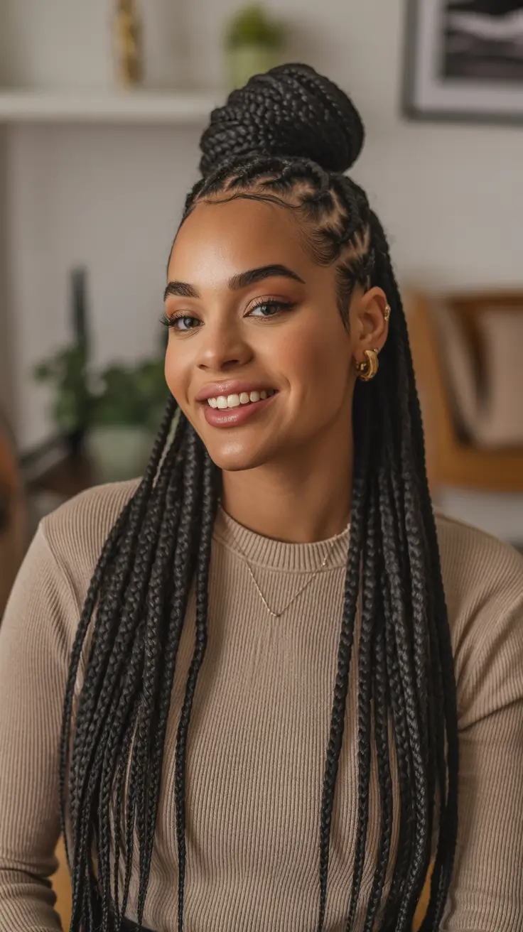 Hairstyles for Black Women Winter 2025-2026 High Braided Bun with Sleek Sides