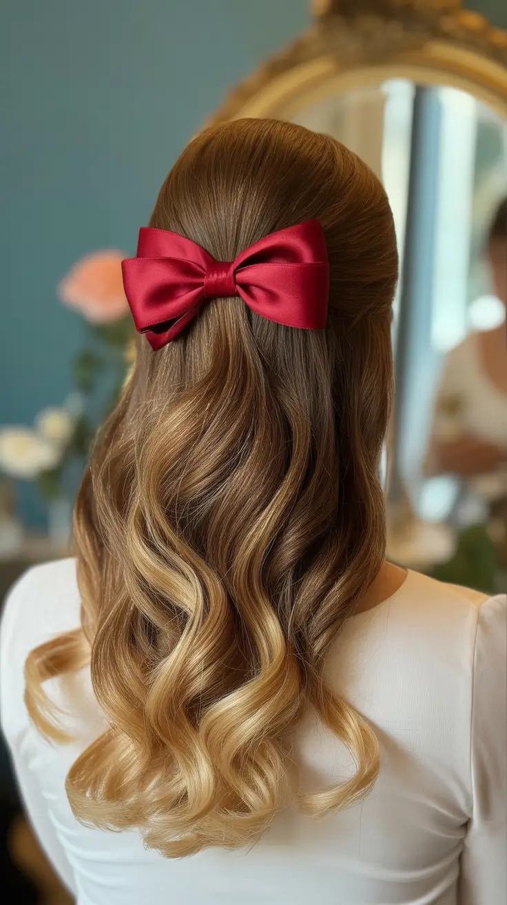 Hairstyles Ideas for Winter 2025-2026 Romantic Waves with a Statement Bow