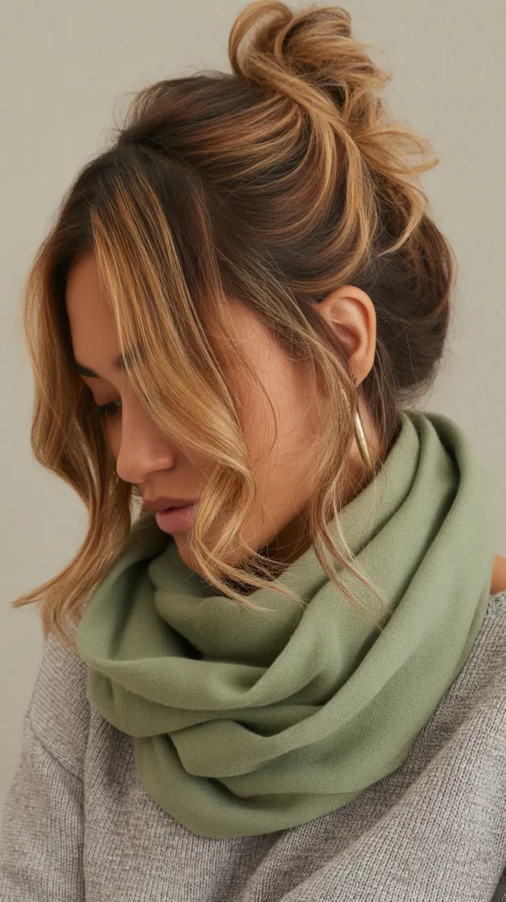 Hairstyles Ideas for Winter 2025-2026 Messy Top Knot with Soft Face-Framing Layers
