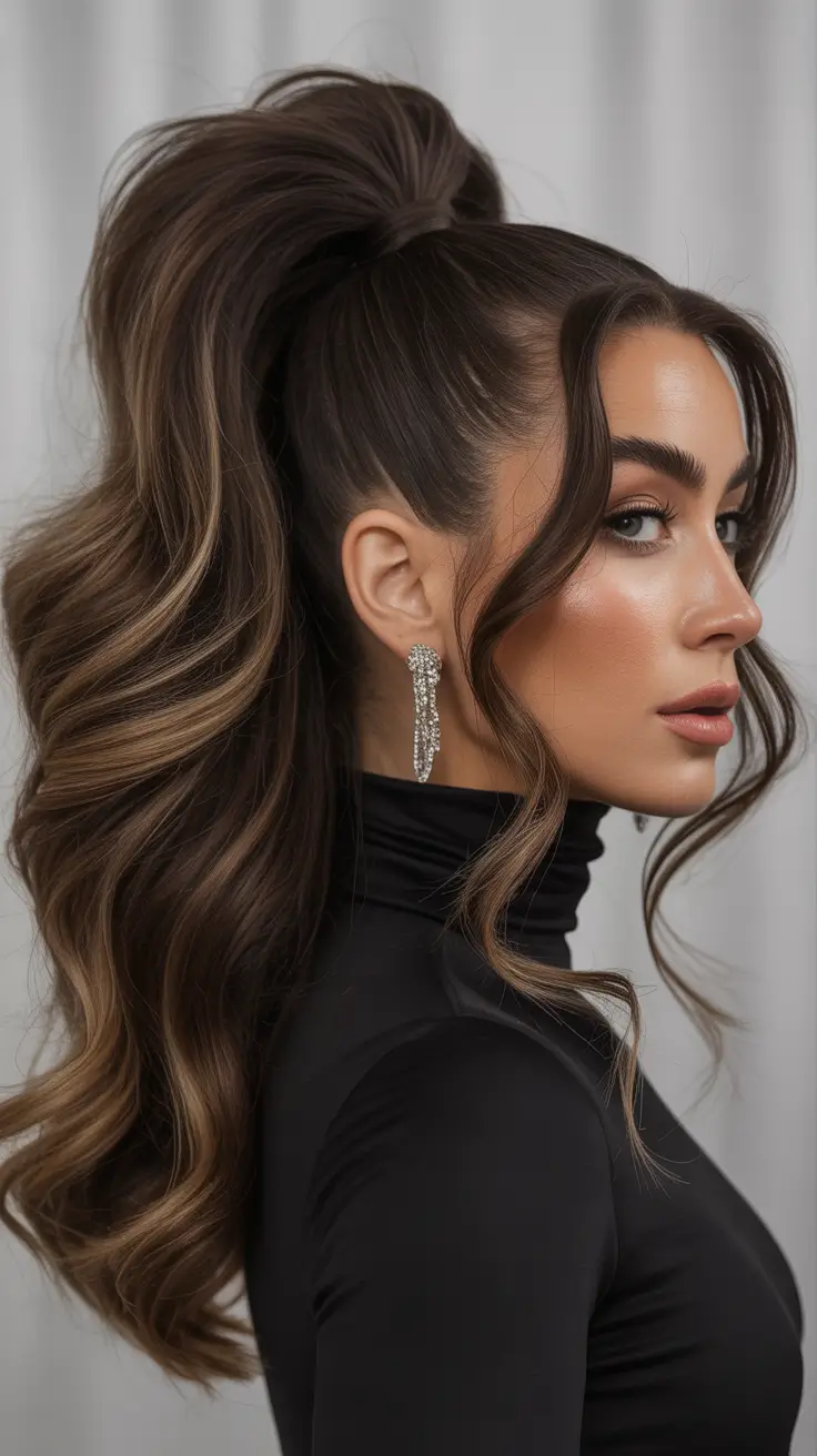 Hairstyles Ideas for Winter 2025-2026 High Voluminous Ponytail with Glam Waves
