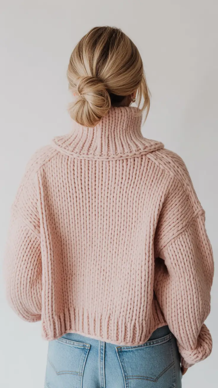 Hairstyles Ideas for Winter 2025-2026 Low Textured Bun with Cozy Knits