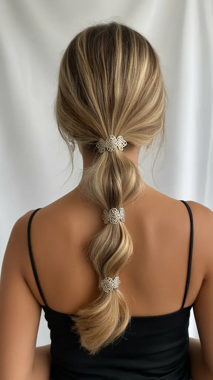 Hairstyles Ideas for Winter 2025-2026 Bubble Ponytail with Metallic Accents