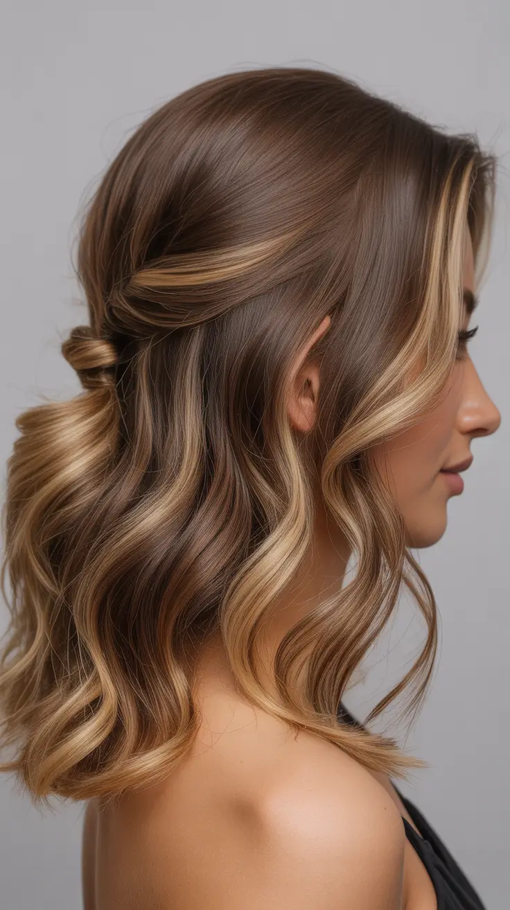 Hairstyles Ideas for Winter 2025-2026 Glossy Half-Up Waves with Subtle Highlights