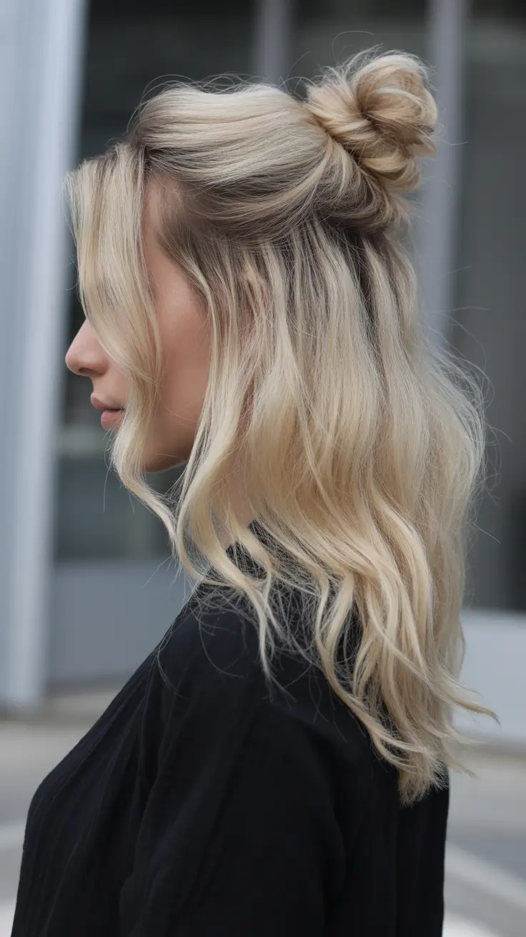 Hairstyles Ideas for Winter 2025-2026 Half-Up Top Knot for Casual Winter Days