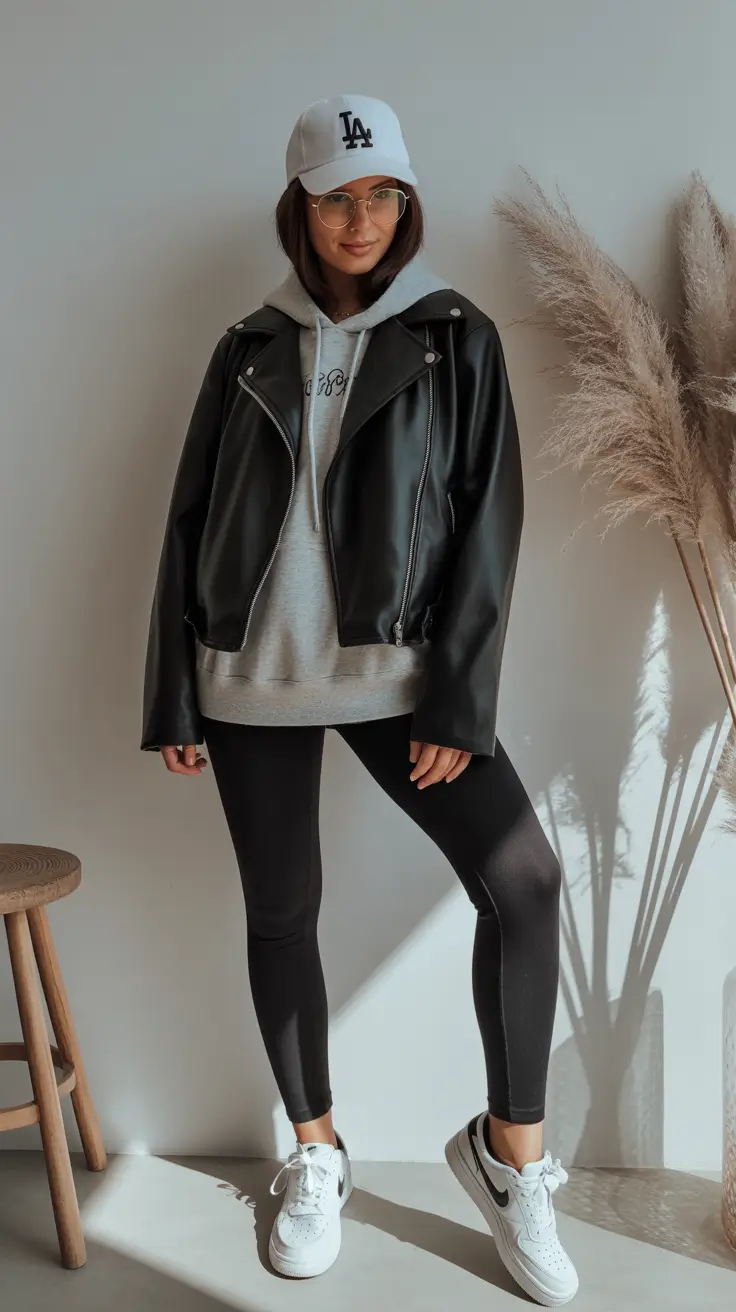 legging outfits ideas 2026 Street Cool in Black and Gray Layers