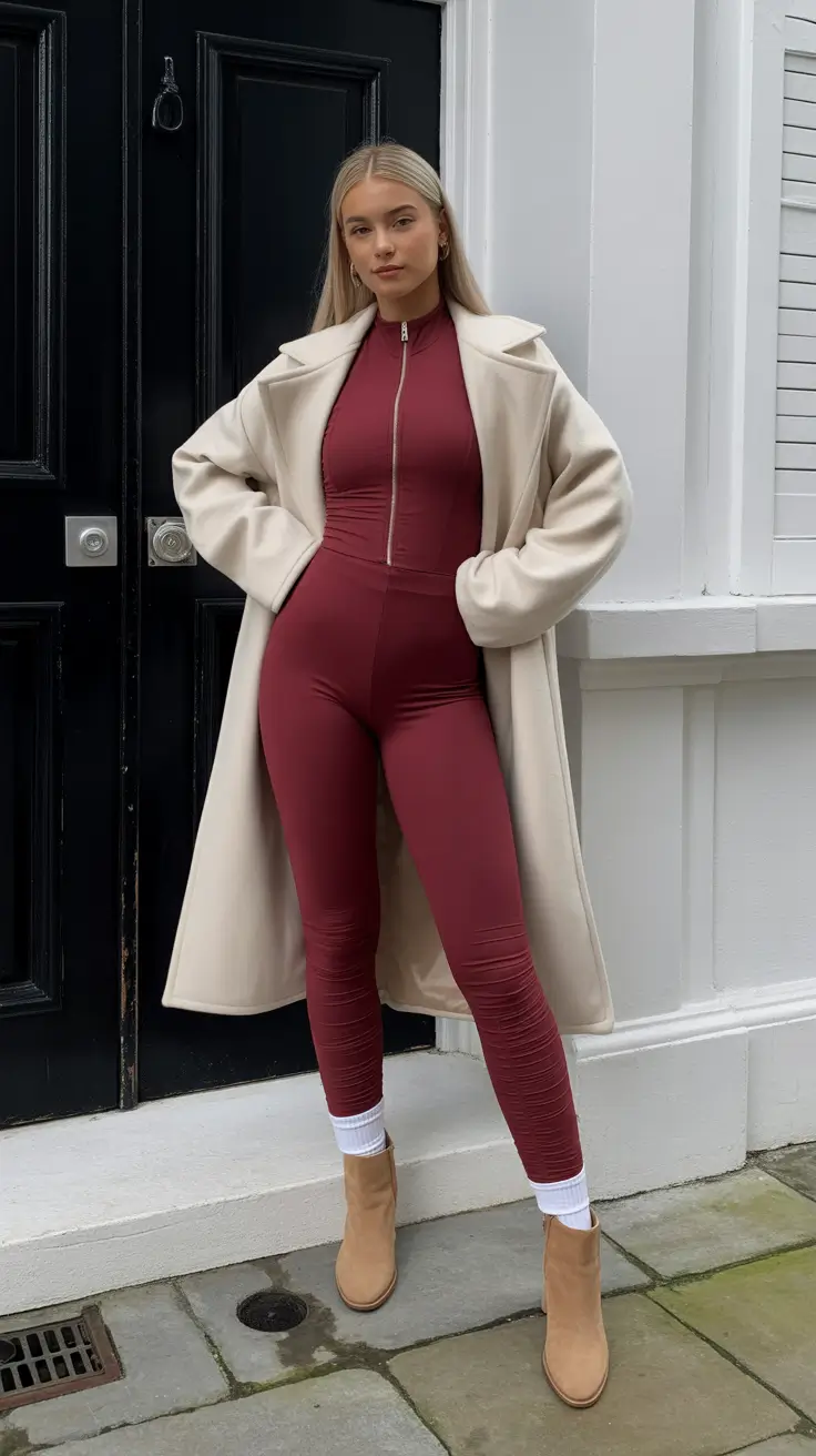 legging outfits ideas 2026 Elegant Contrast in Burgundy and Cream