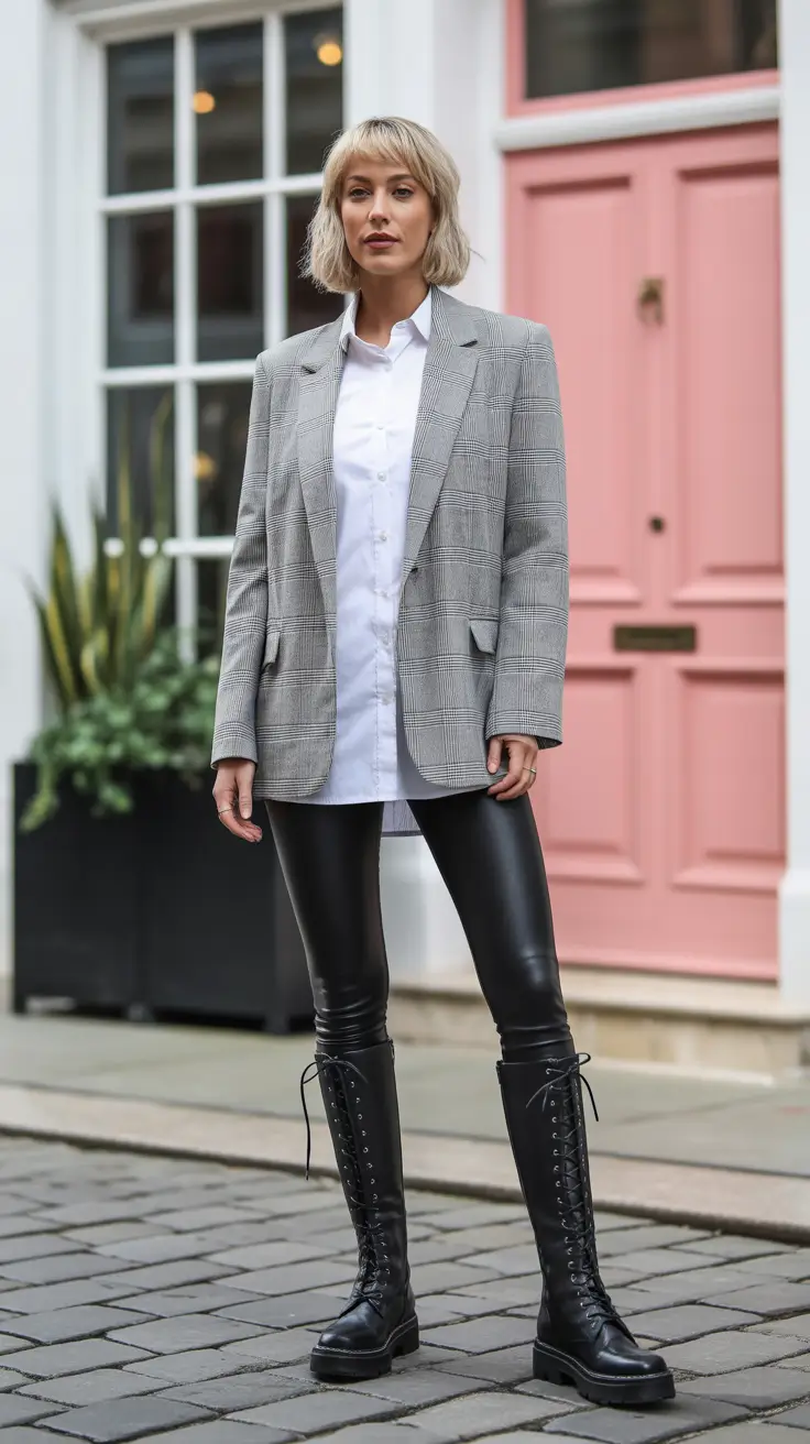 legging outfits ideas 2026 Polished Edge with Classic Leather and Plaid