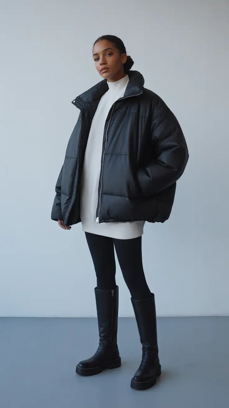 legging outfits ideas 2026 Modern Volume with a Monochrome Edge