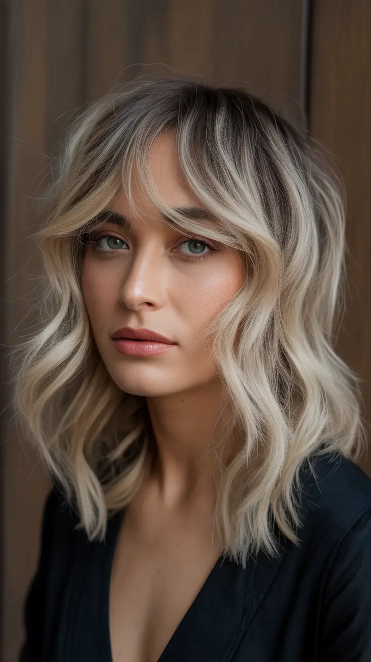 Medium Haircuts Winter 2025-2026 Soft Blonde Waves with Curtain Bangs