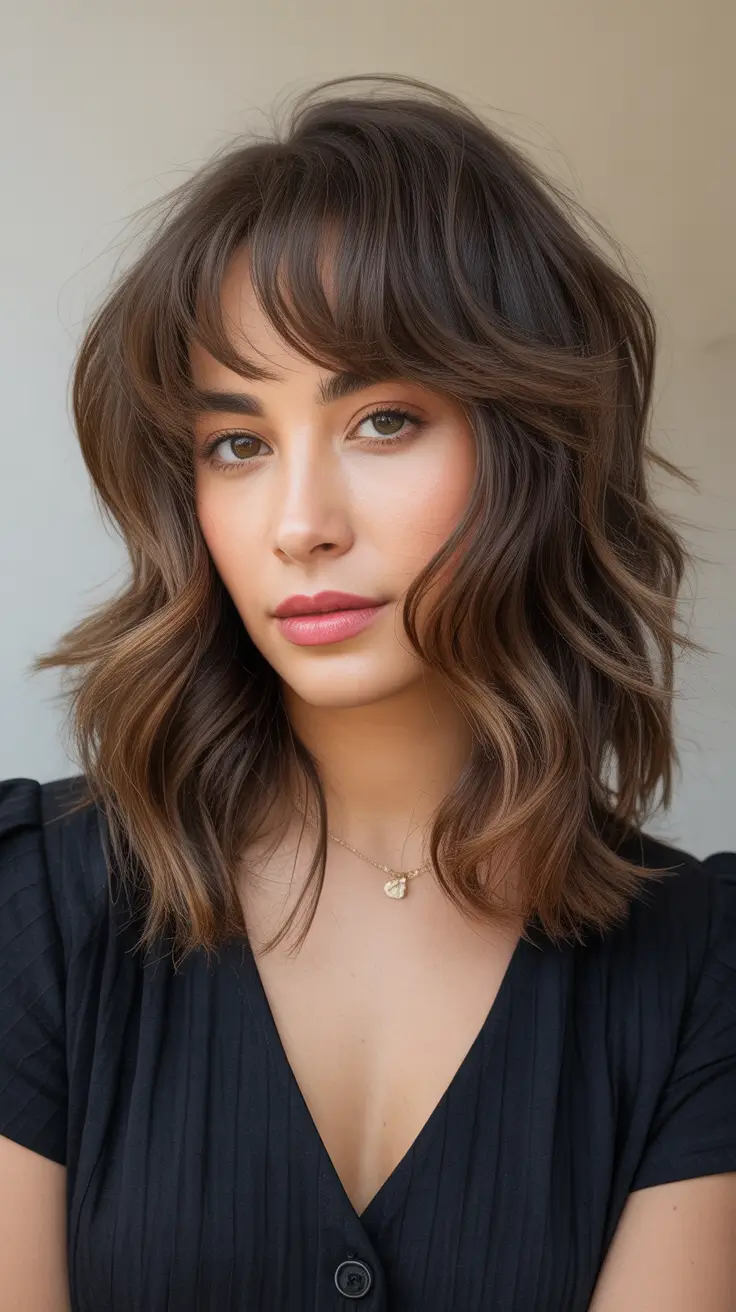 Medium Haircuts Winter 2025-2026 Textured Chestnut Bob with Baby Bangs