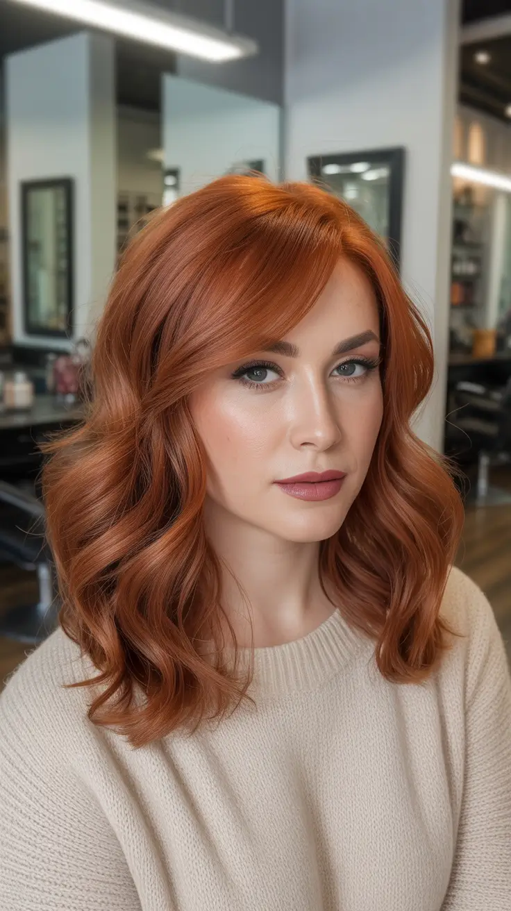 Medium Haircuts Winter 2025-2026 Soft Copper Waves with Side Part