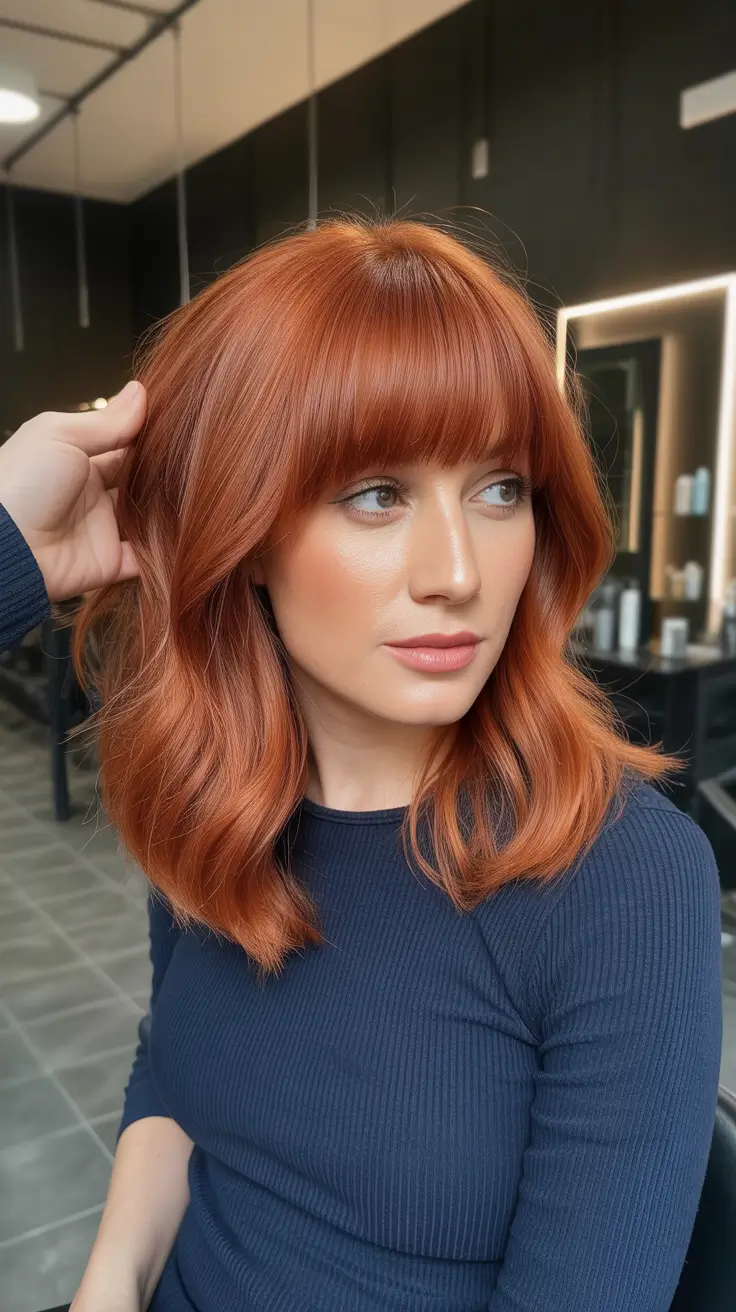 Medium Haircuts Winter 2025-2026 Cinnamon Red with Full Fringe