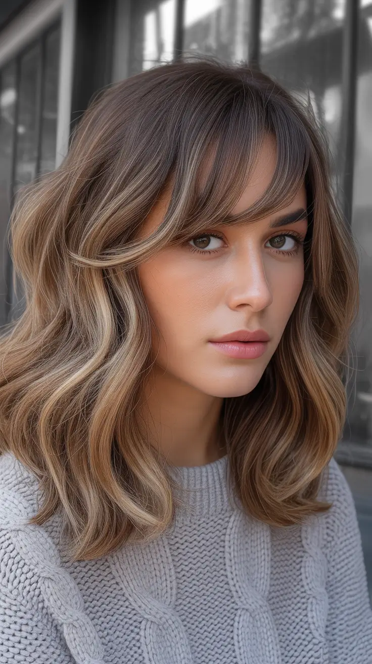Medium Haircuts Winter 2025-2026 Light Caramel Waves with Feathered Fringe