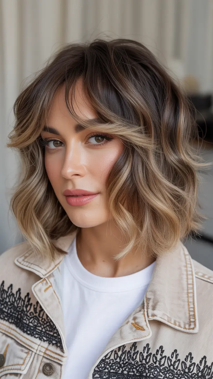 Medium Haircuts Winter 2025-2026 Warm Bronde Layers with a Subtle Fringe