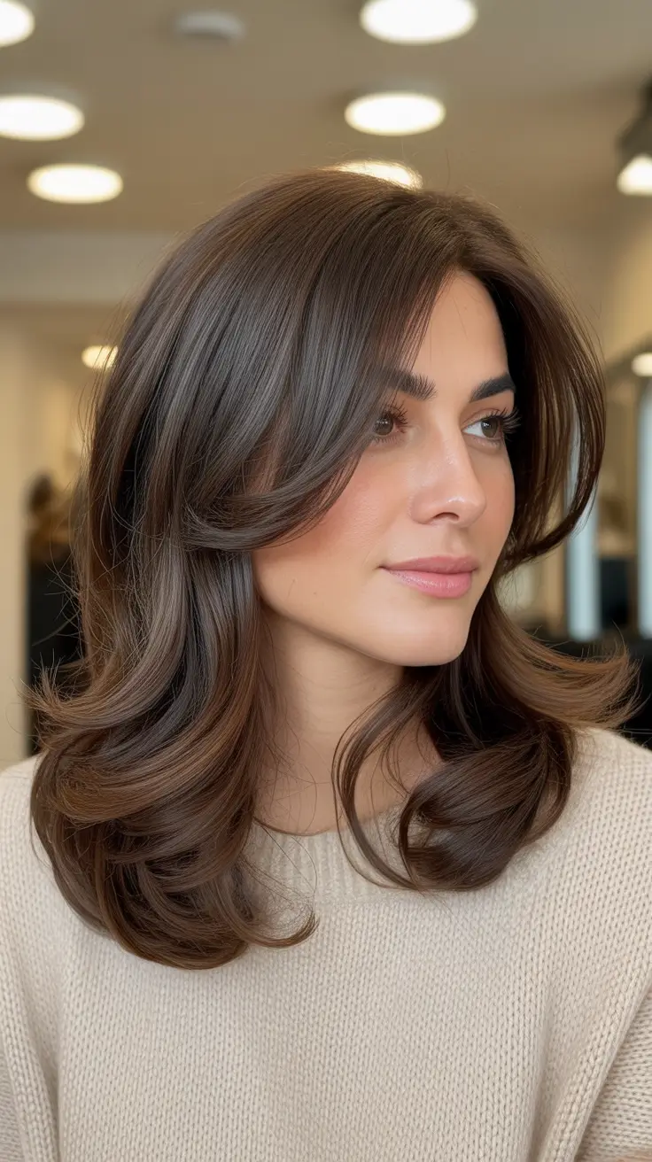 Medium Haircuts Winter 2025-2026 Glossy Chestnut Layers with Curtain Bangs